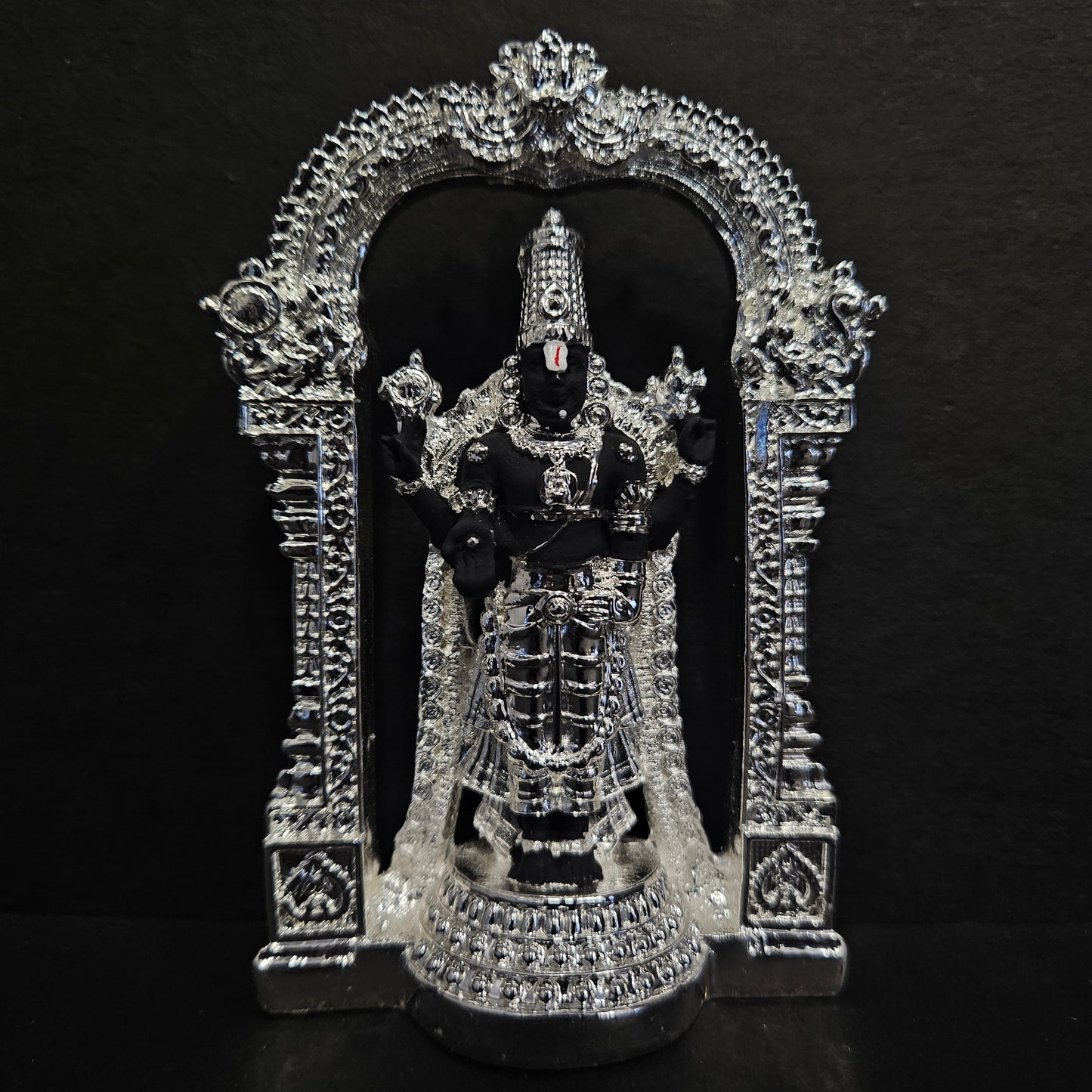 India Lord Tirupati Balaji Silver Plated Black Idol with Golden Jewelry Work Balaji Idol for Car Dashboard Venkateswara Swamy Murti for Home Srinivasa Statue for Mandir
