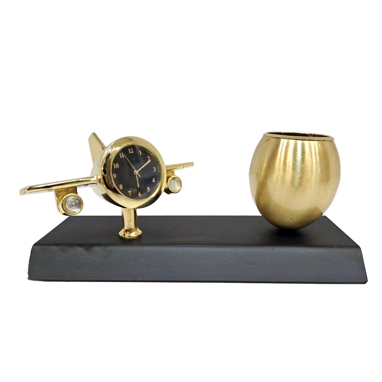 Golden Airplane Desk Clock with Pen Holder | WWII-Inspired Premium Corporate Gift