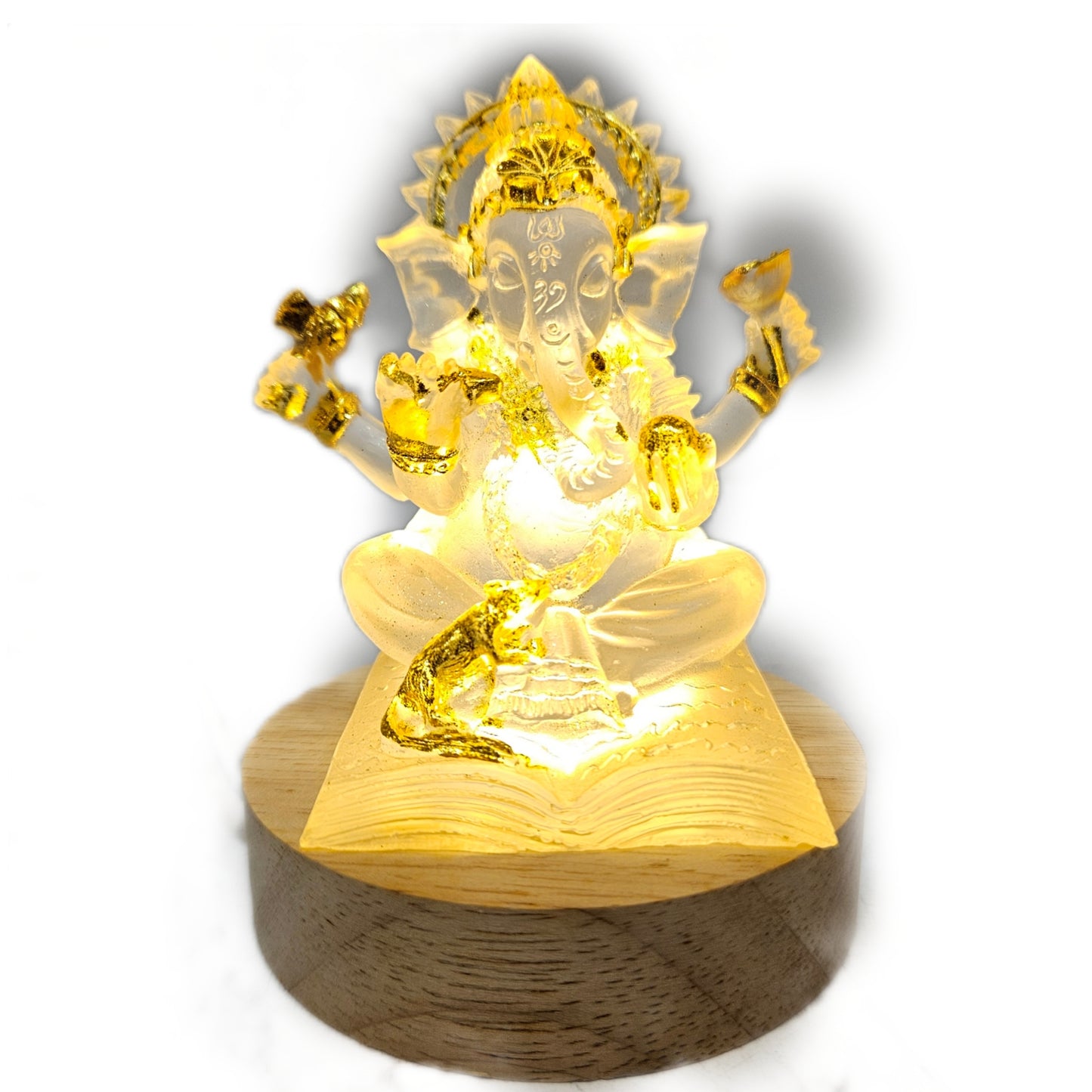 Crystal-finish Resin Lord Ganesha LED Night Lamp, a decorative spiritual showpiece featuring intricate gold-leaf detailing
