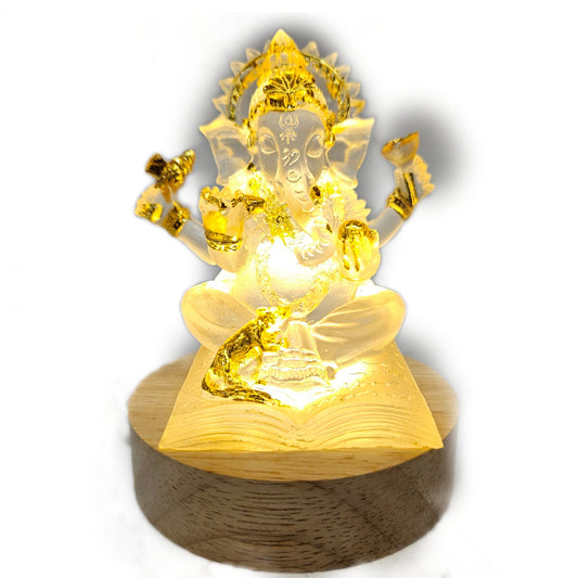 Crystal-finish Resin Lord Ganesha LED Night Lamp, a decorative spiritual showpiece featuring intricate gold-leaf detailing