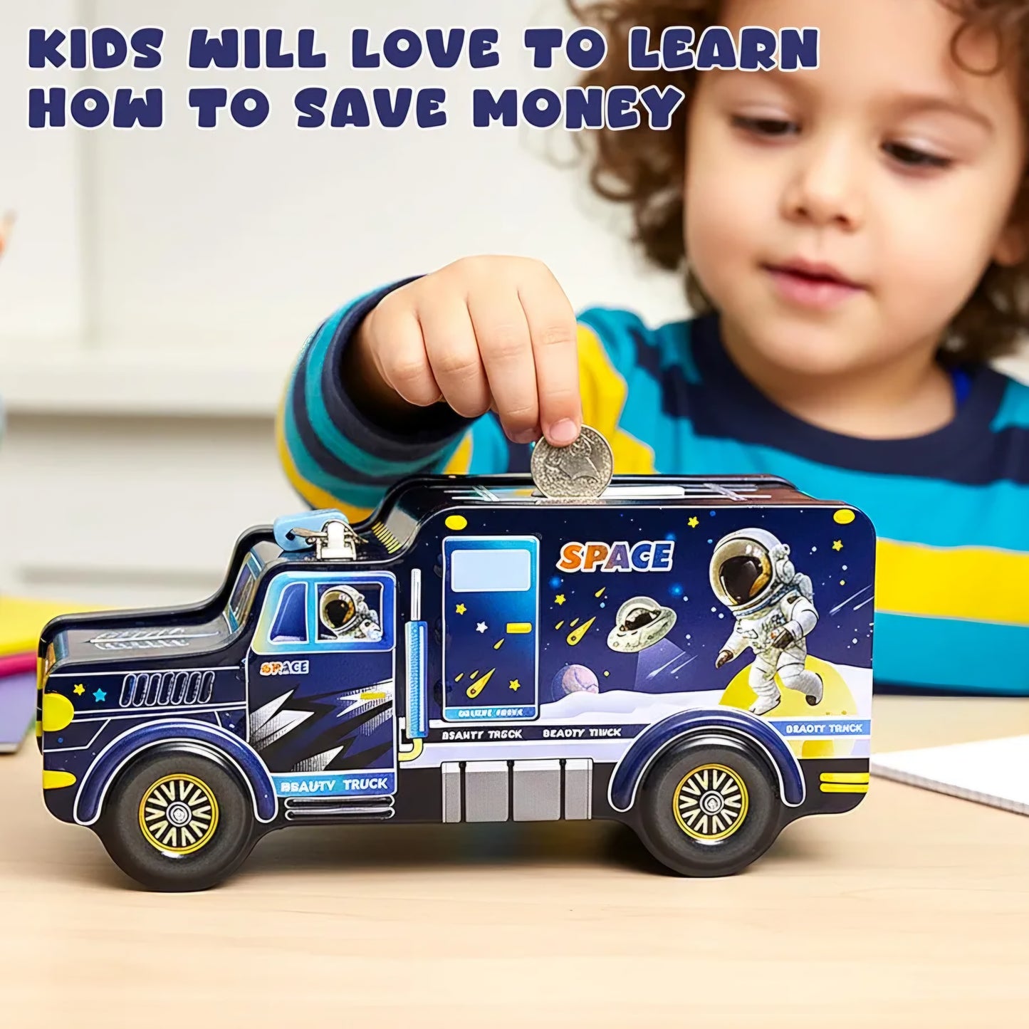 Space Theme Metal Bus Piggy Bank Toy for Kids - Cute Money Safe with Lock and 2 Keys - Gullak Coin Box Gift for Boys and Girls
