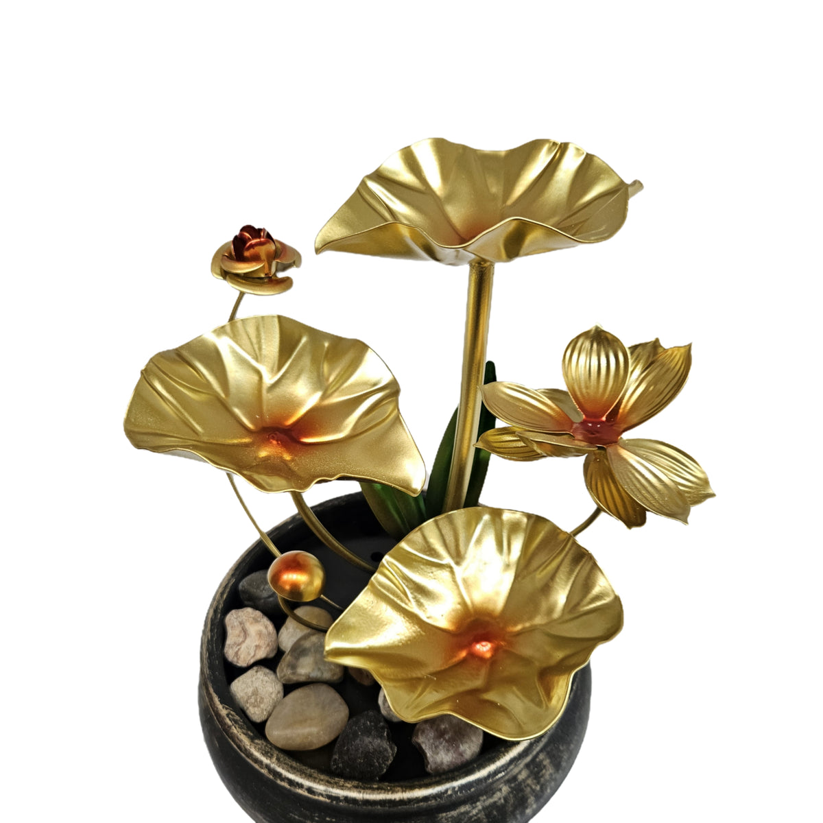 Metal lotus tabletop water fountain features a golden three-tier design with green leaves and natural river rocks