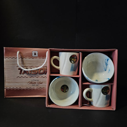 Kanch Taisor Ceramic 2 pieces cups & 2 pieces bowls with Marble look perfect for Return gifting