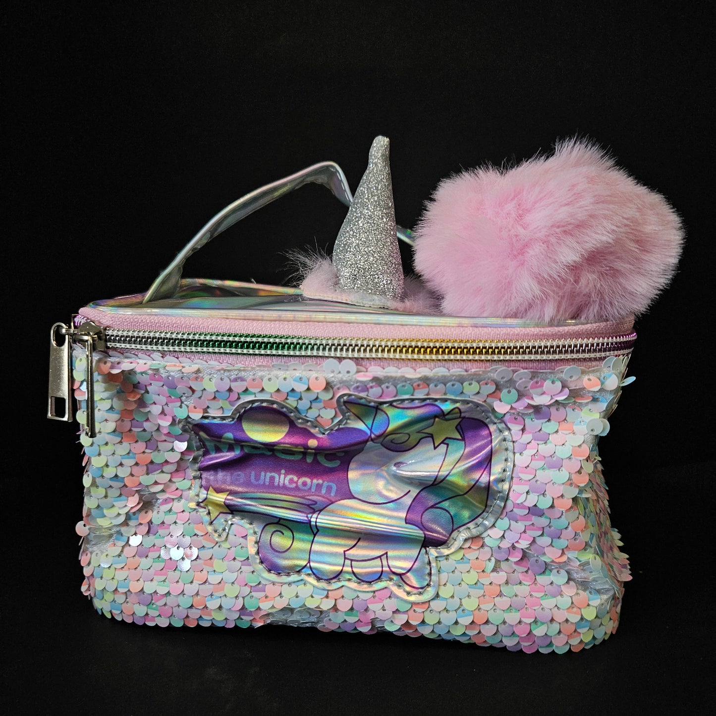 Unicorn Themed Makeup Pouch with Chenille Varsity Letter Patch, Skin Care Travel Bag Organizer for Girls, Make Up Skincare Cosmetic Zipper Stuff Bags for Women
