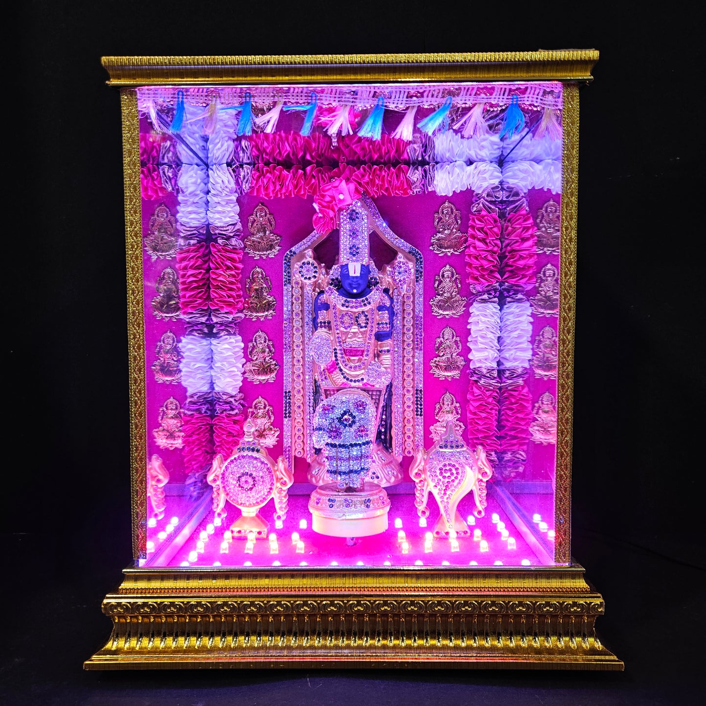 Tirupati Venkateswara Swamy,Tilak, shank&Chakra decorated with attractive stones,slokam & multi colour lighting Cabin idol perfect for Marriage gifting,house warming