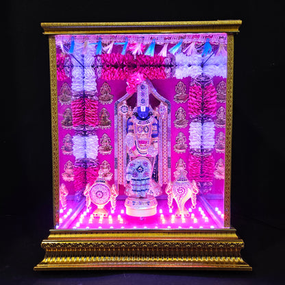 Tirupati Venkateswara Swamy,Tilak, shank&Chakra decorated with attractive stones,slokam & multi colour lighting Cabin idol perfect for Marriage gifting,house warming