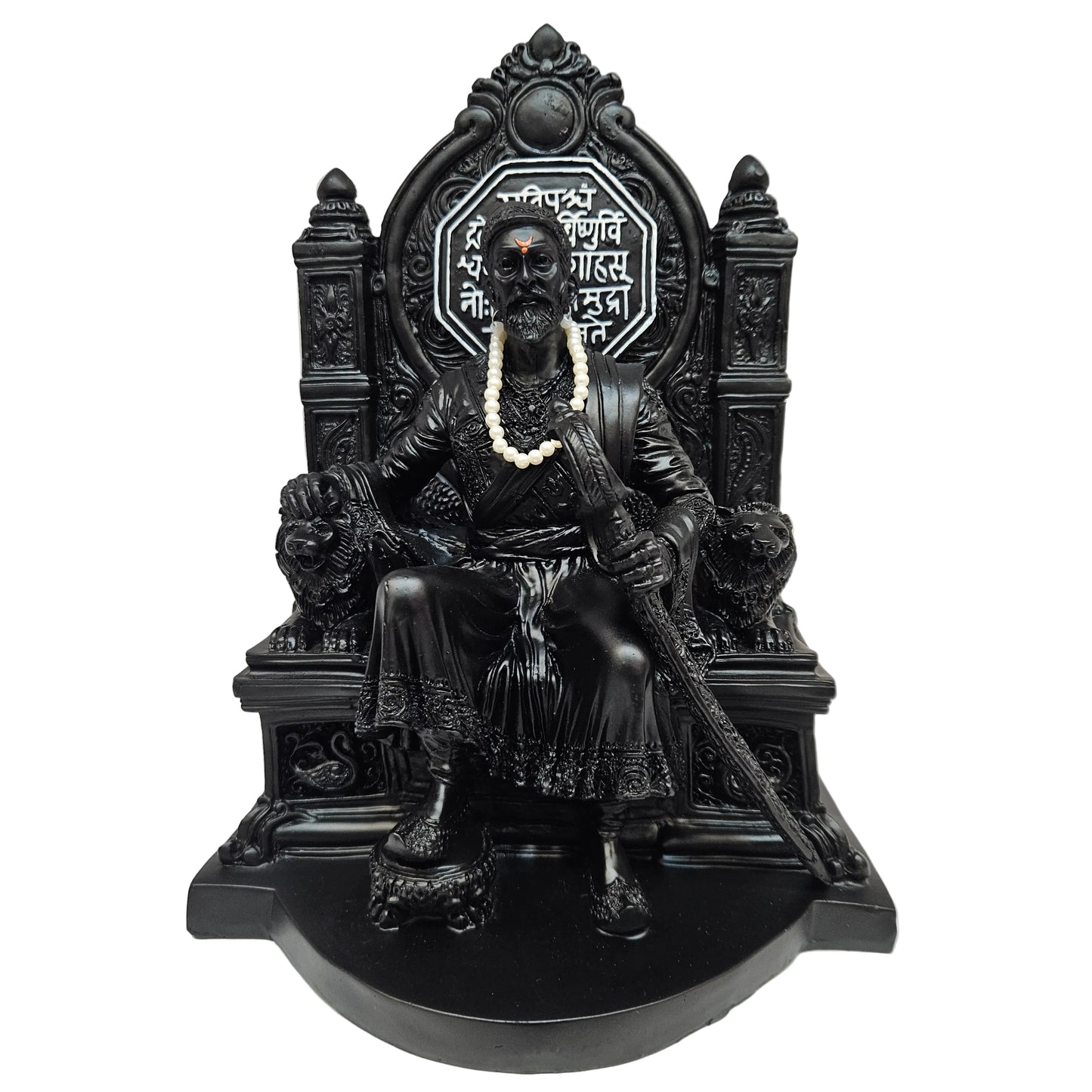 Chatrapati Shivaji Maharaj Statue on Royal Throne, Handcrafted Poly Marble Dust Decorative Murti, Black Finish, Premium Home Office Temple Décor