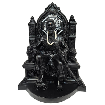 Chatrapati Shivaji Maharaj Statue on Royal Throne, Handcrafted Poly Marble Dust Decorative Murti, Black Finish, Premium Home Office Temple Décor