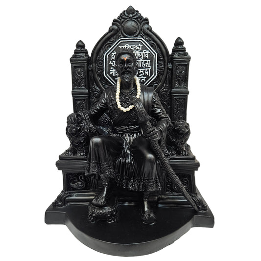 Chatrapati Shivaji Maharaj Statue on Royal Throne, Handcrafted Poly Marble Dust Decorative Murti, Black Finish, Premium Home Office Temple Décor