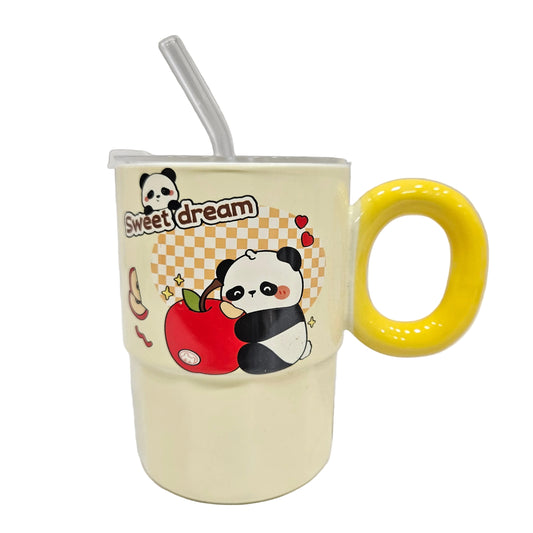 Panda printed Ceramic Airtight coffee mug with lid & Glass straw