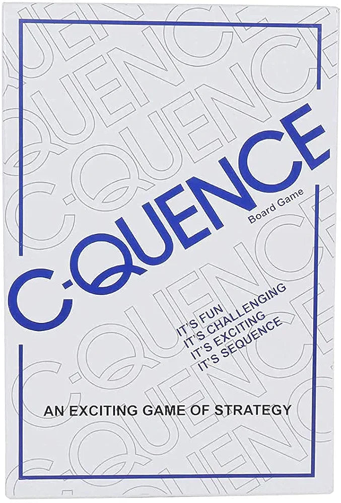 the "C-Quence" board game, a strategy game for ages 7 and up. It is designed for 2-12 players and involves forming sequences of five chips in a row on the game board.