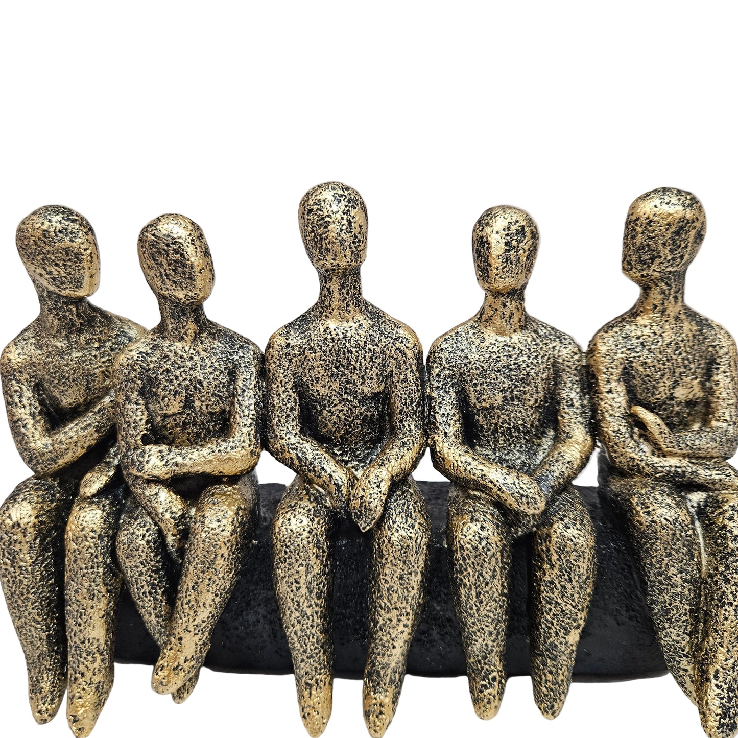 Abstract sculpture features five stylized figures seated together in a textured gold and black finish
