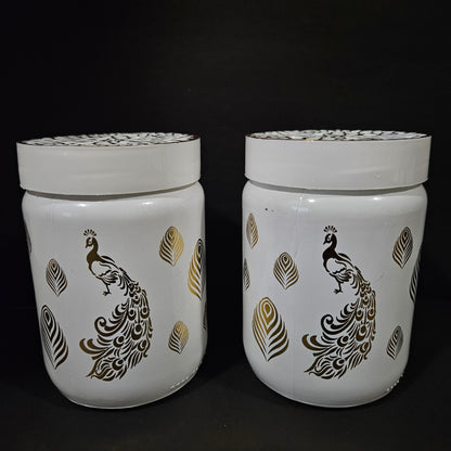 Golden Dream 2 piece jar ser with attractive peacock & feathers designer on it groceries storage containers