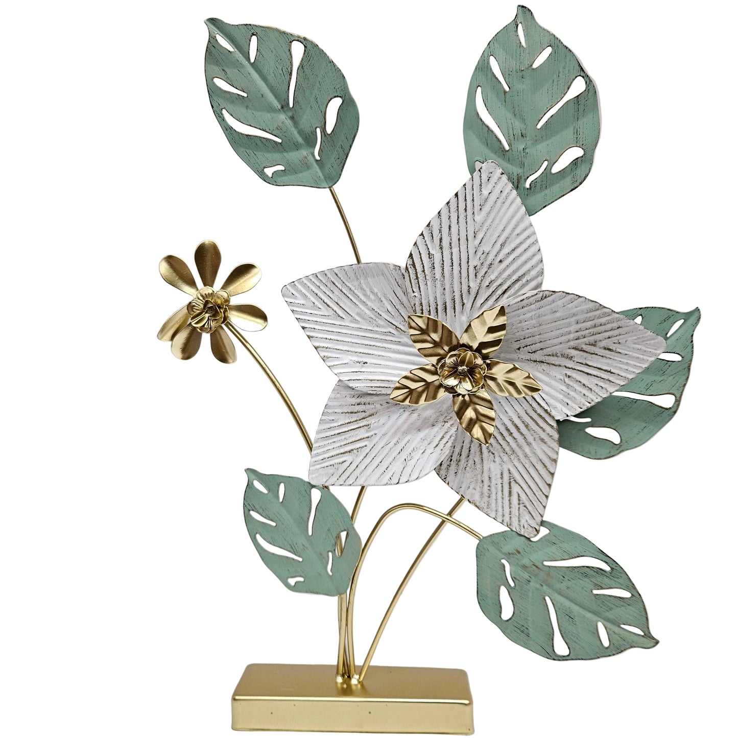 Decorative metal flower features a prominent white and gold center blossom with sage green leaves Showpiece