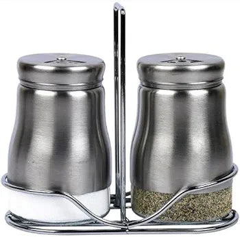 Salt and Pepper Container for Dining Table with Stand Glass & Steel Premium Big Salt Jar Sprinkler Container Shaker with Different Size Roaters 2 Container Salt n Pepper Set