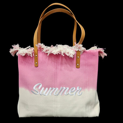 Summer Tote Bag for Women | Gradient Canvas Handbag with Frayed Top & Faux Leather Handles | Large Capacity Shoulder Bag for Laptop, Essentials