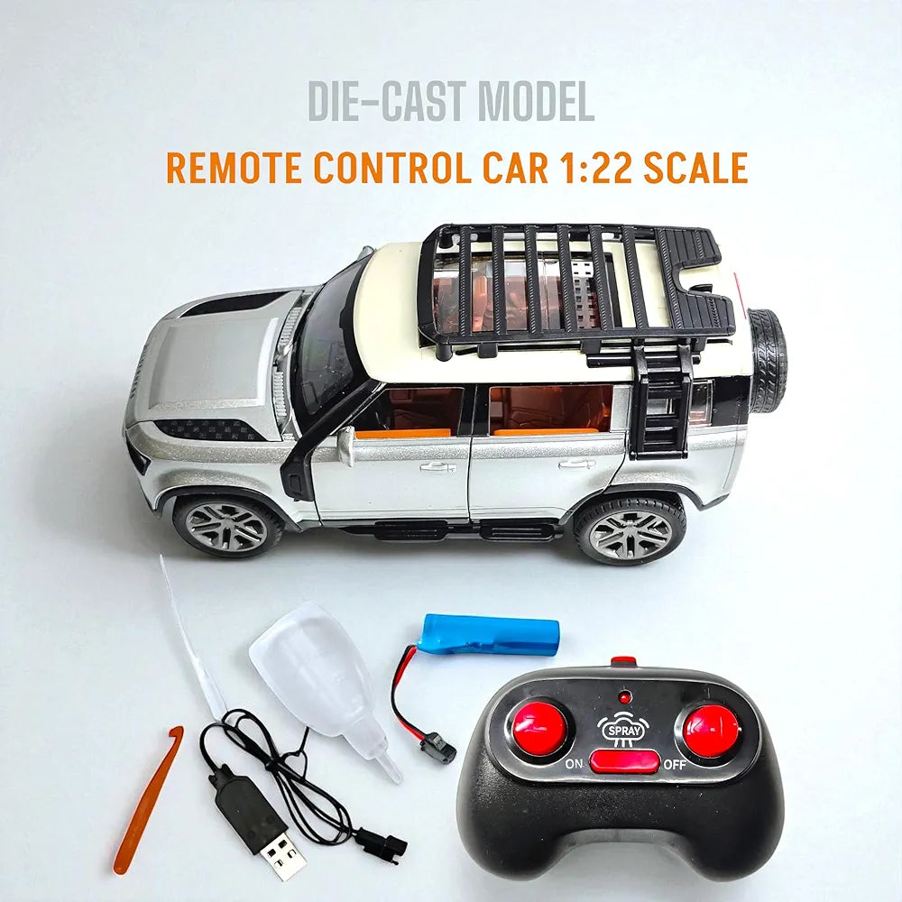 Land Rover Defender RC Car, 1:22 Scale,Die-Cast Model with Openable Doors, Lights and Smoke Effects, Toy for Kids 3-10 Years