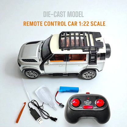 Land Rover Defender RC Car, 1:22 Scale,Die-Cast Model with Openable Doors, Lights and Smoke Effects, Toy for Kids 3-10 Years
