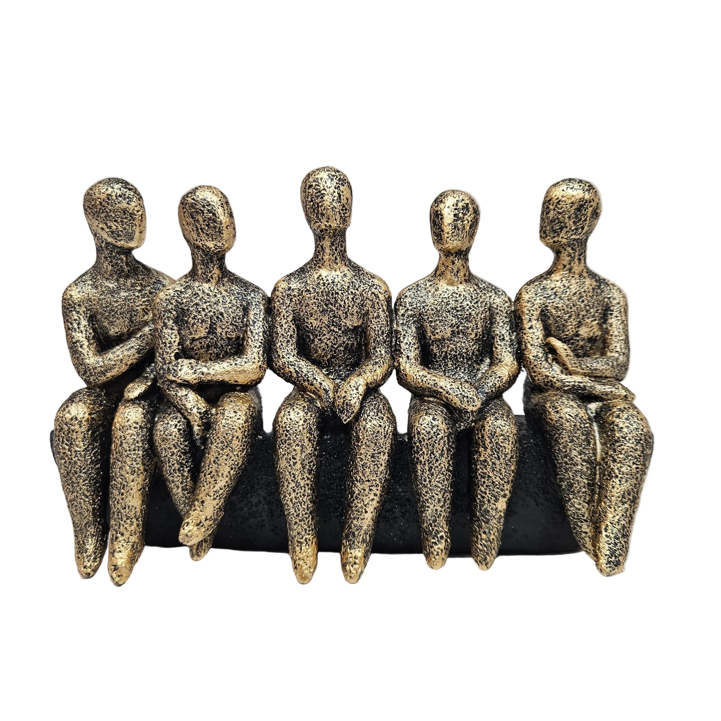 Abstract sculpture features five stylized figures seated together in a textured gold and black finish