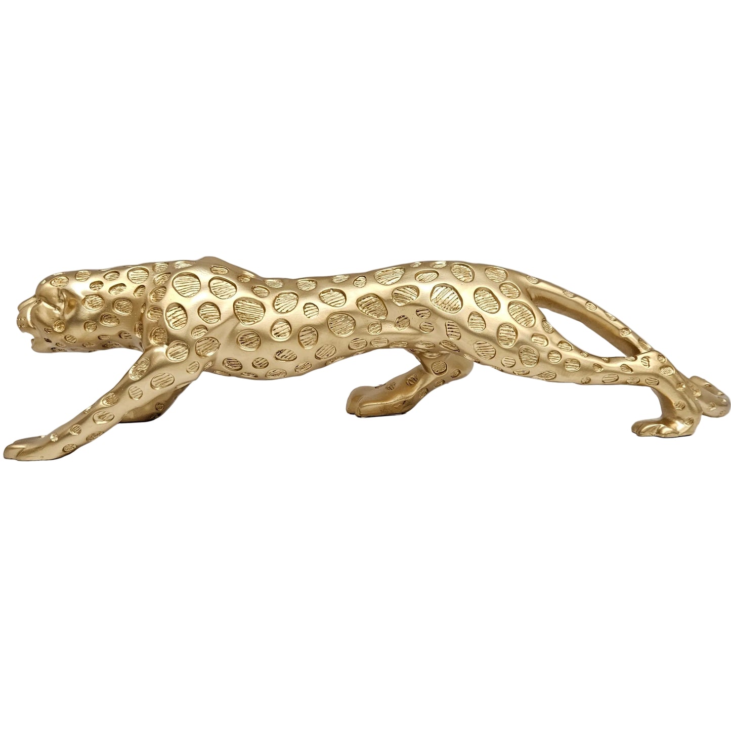 Metallic decorative sculpture appears to be a prowling leopard,"Golden Panther Figurine"