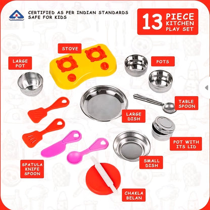 Little Fun Sweet Heart Kitchen Set 13 Pieces Steel & Plastic Combo Kitchen Fun Set for Kids