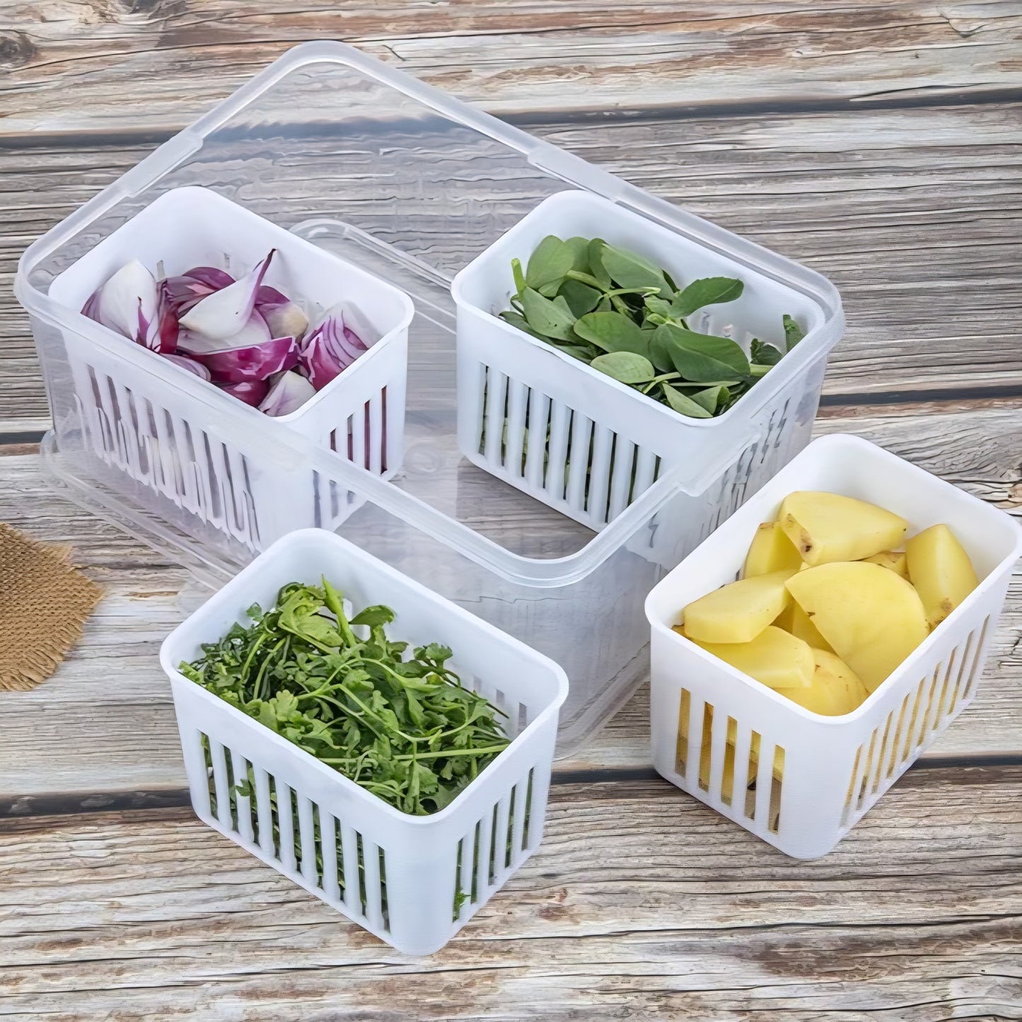 Divided Serving Tray with 4 Compartments Reusable Veggie Charcuterie Container Portion Control Salad Keeper Removable Boxes Stackable Refrigerator Organizer Fruit Nuts Food Storage Container