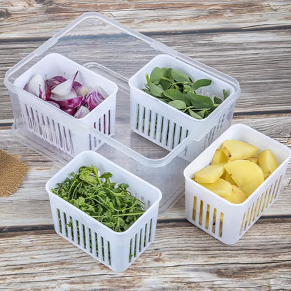 Divided Serving Tray with 4 Compartments Reusable Veggie Charcuterie Container Portion Control Salad Keeper Removable Boxes Stackable Refrigerator Organizer Fruit Nuts Food Storage Container