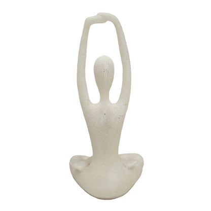 Minimalist yoga lady figurine depicting a meditation pose with hands raised overhead, commonly used as an aesthetic home or office decor showpiece