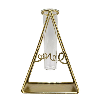Triangular propagation station featuring a gold-finished metal holder and a single glass test tube vase