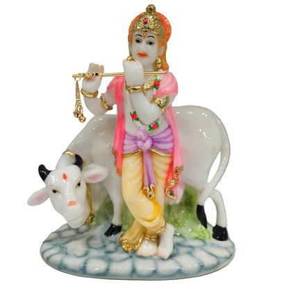 Handicraft Krishna Statue Idol with Cow for Home Office Decor and Pooja Room