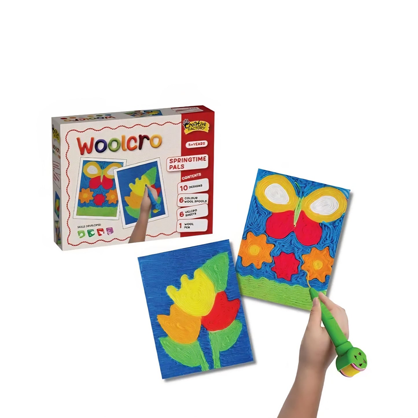 Woolcro craft set with felt boards and a tool on a white background
