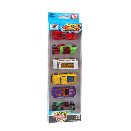 set of six die-cast speed racing cars. Die-cast toys are made by injecting molten metal into a mold. They are often detailed and durable, appealing to both collectors and children.