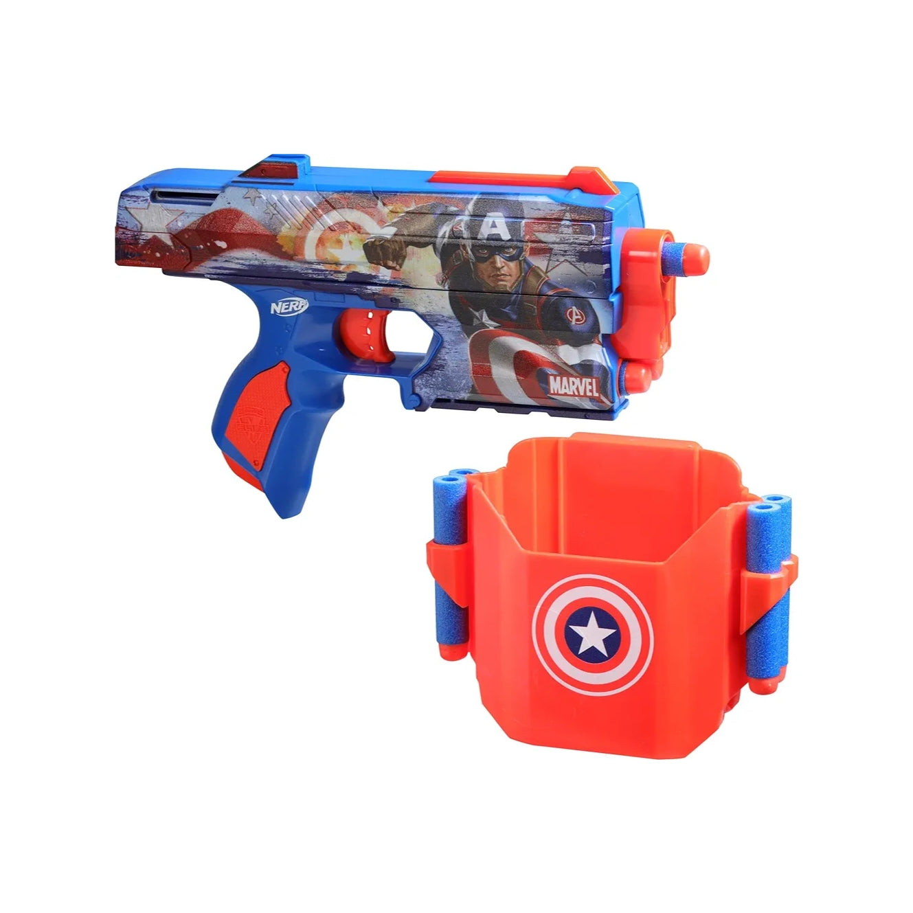 Nerf Marvel Captain America Dart Blaster, 10 Nerf Elite Darts, Holster, Toy Foam Blasters for 8 Year Old Boys & Girls & Up