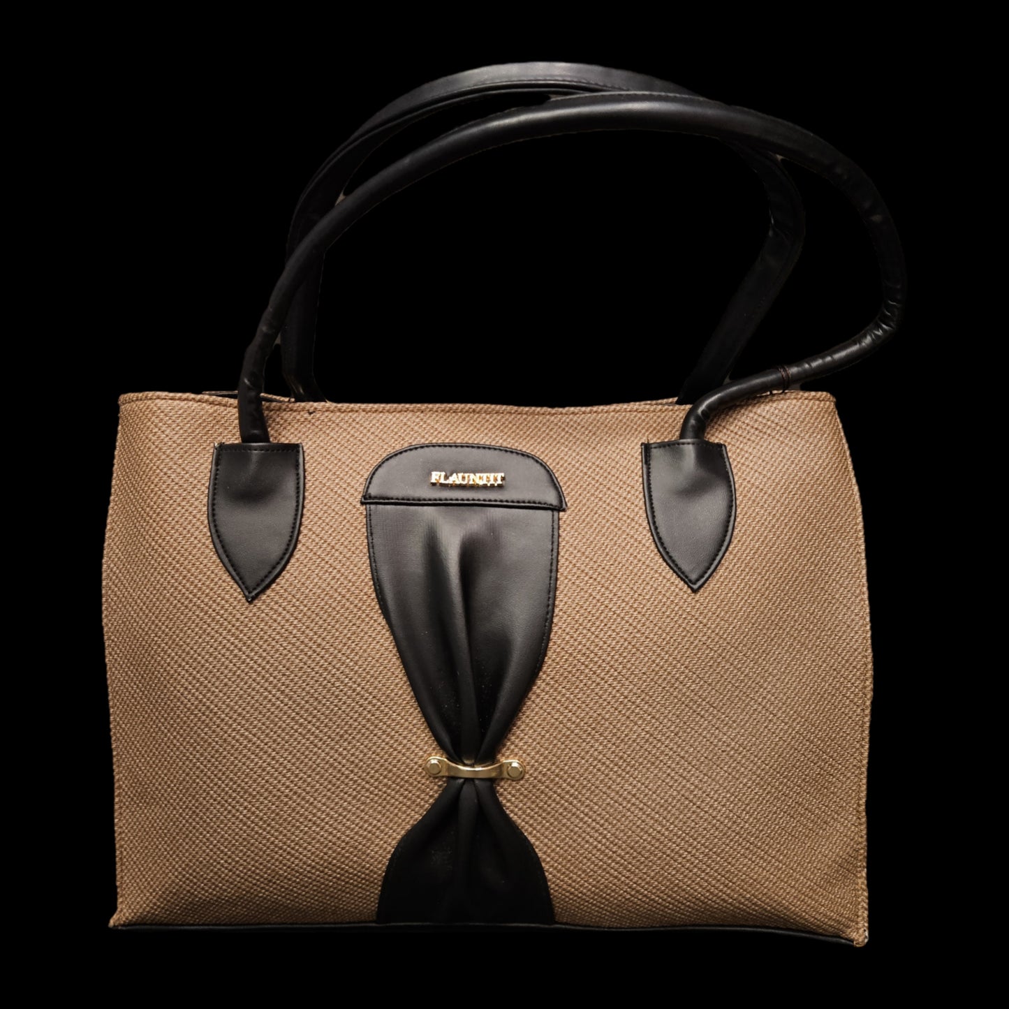 Large PU Leather Tote Handbag, Beige with Brown Trim, Lightweight Classic Shoulder Bag for Women, Dual Handle Office Work