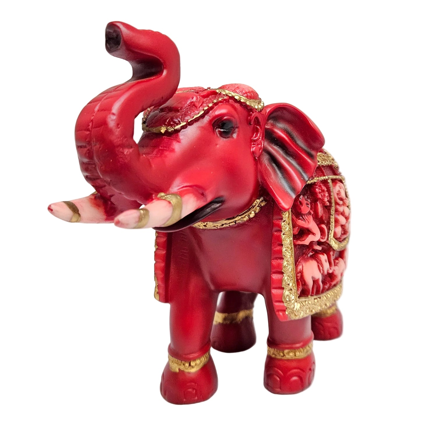 Red and golden fiber elephant statue featuring intricate carvings on the saddle for interior decor Showpiece Figurine