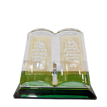 Decorative crystal showpiece styled like an open book, specifically an Islamic ornament featuring Quranic verses