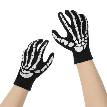 Halloween Skeleton Gloves Cosplay Costume Birthday Party Full Finger Wrist Bone Death Scary Ghost Haunt Punk Gothic Rock Mittens for Kids and Adults