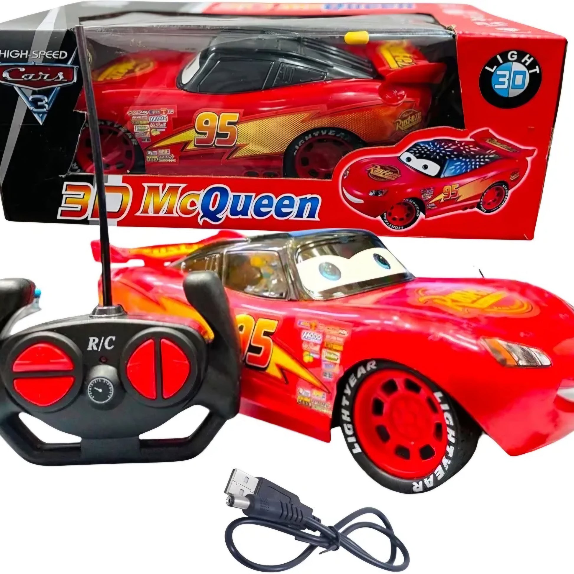 Red toy car with remote control and power cable in front of its packaging