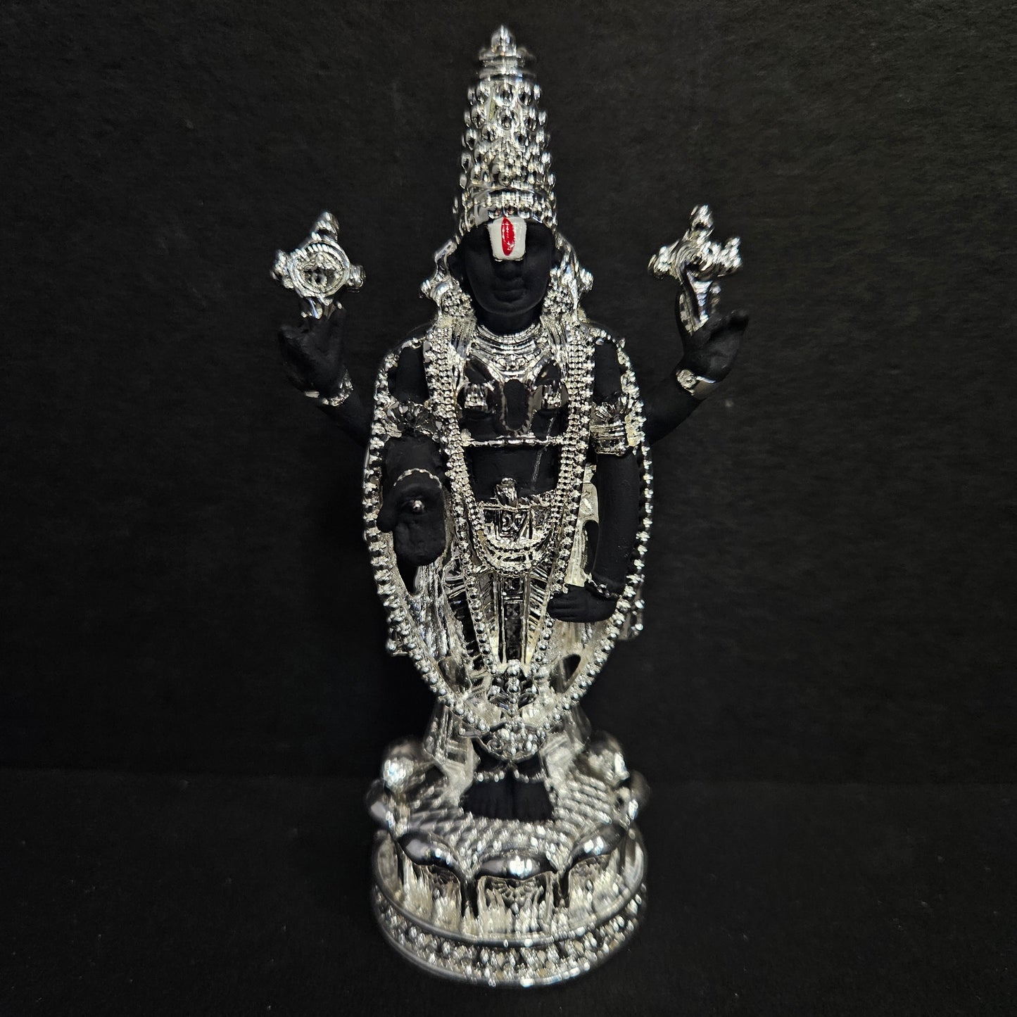 India Lord Tirupati Balaji Silver Plated Black Idol with Golden Jewelry Work Balaji Idol for Car Dashboard Venkateswara Swamy Murti for Home Srinivasa Statue for Mandir