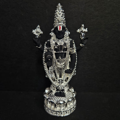 India Lord Tirupati Balaji Silver Plated Black Idol with Golden Jewelry Work Balaji Idol for Car Dashboard Venkateswara Swamy Murti for Home Srinivasa Statue for Mandir
