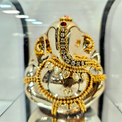 Lord vinayaka murti in a attractive look Decorated with stones designed in a transparent protective cabin