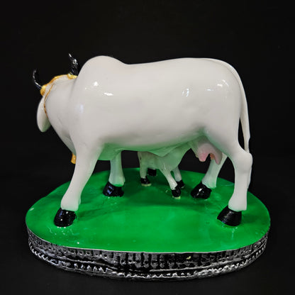 Cow & Calf Statue in Marble Dust, Cow Idol, Showpiece for Home Decor, Handmade Divine Cow, Mother Cow with Baby Calf, kamdhenu