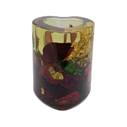 Resin pen stand features embedded red rose petals and gold flakes, arranged in a heart shape
