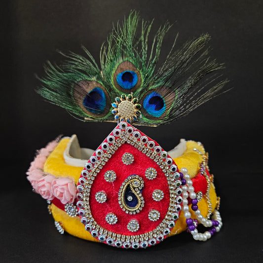 Lord krishna ji pagdi Decorated with stones & pearls decorative roses,peacock feather starp pagdi for Krishna ashtami