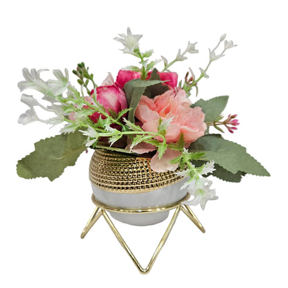 Artificial Antique  Rose Flowers with Creamic Pot and Metal Stand Ideal for Table Indoor |Home Decoration