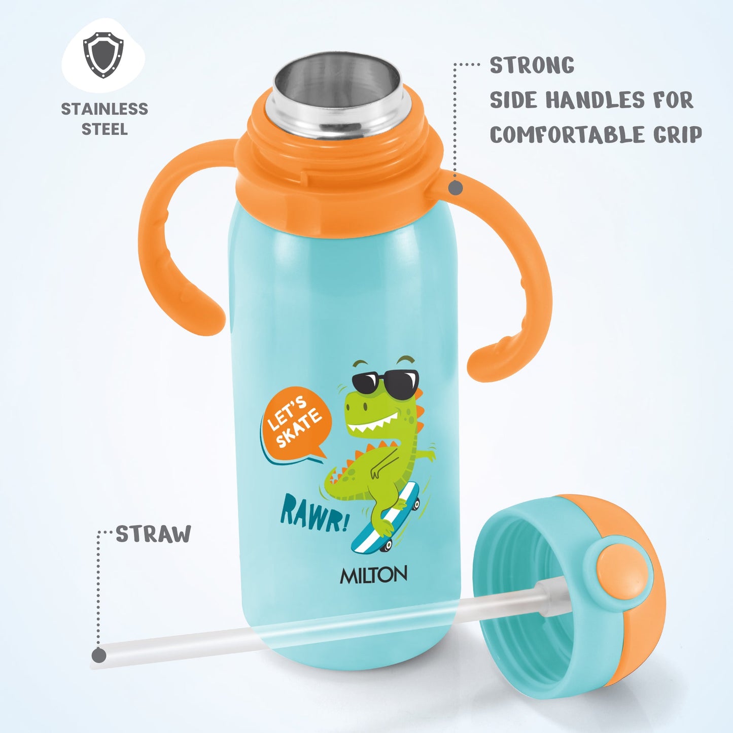 Children's water bottle with dinosaur design, orange handles, and straw on a light blue background.