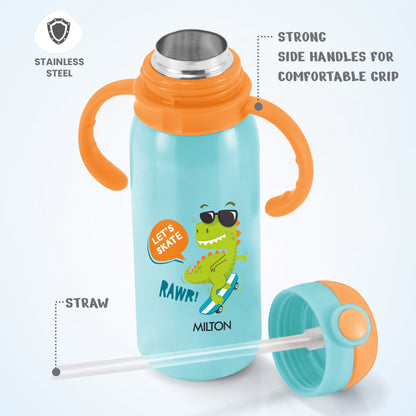 Children's water bottle with dinosaur design, orange handles, and straw on a light blue background.