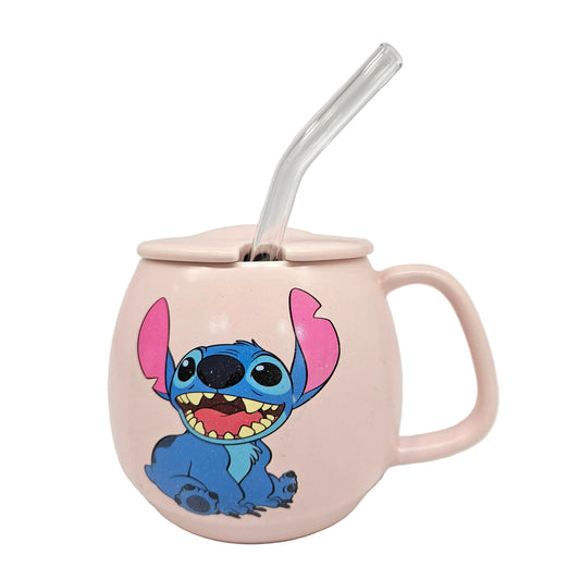 Stitch cartoon character printed Ceramic mug with lid & straw
