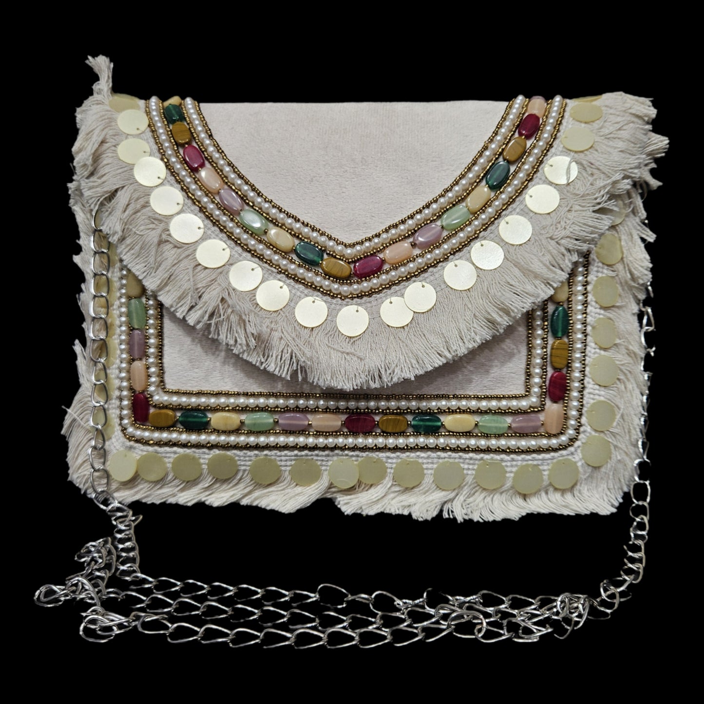 Stylish Vintage Banjara Fabric Designer Clutch For Women Trendy Handbag with Golden Chain Strap