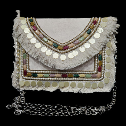 Stylish Vintage Banjara Fabric Designer Clutch For Women Trendy Handbag with Golden Chain Strap